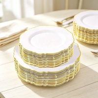 Assiettes en plastique blanches à bord festonné doré, 7,5 et 10,25 pouces, assiettes jetables robustes pour mariage, fête, événement