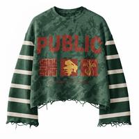 Sweat-shirt court pour homme en coton épais, col rond, style streetwear, avec imprimé sérigraphié personnalisé OEM, rayures tie-dye et effet délavé