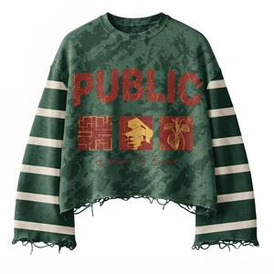 Sudadera Corta para Hombre, Estilo Urbano, con Estampado Tie-Dye y Rayas, Cuello Redondo, Algodón Grueso, Lavado Desgastado, Personalizada OEM - Product Image 1