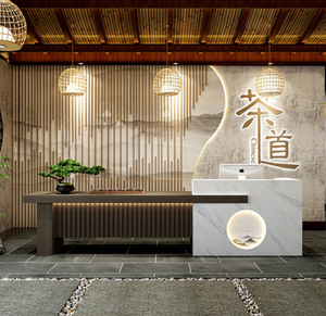 Comptoir de réception en bois avec accent en grille métallique et barre lumineuse LED pour café, hôtel, salon de beauté, clinique - Product Image 1