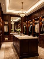 Armoire dressing sur mesure en bois massif de style vintage américain avec îlot central et meuble de rangement de luxe pour chambre à coucher