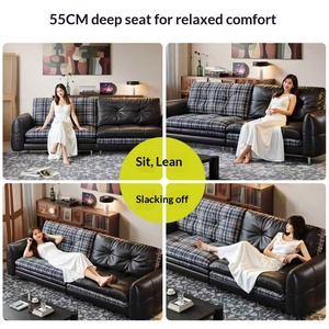 Mid-century leather hamburger <b>sofa</b>, reversible straight couch with fabric & leather cushions, multifunctional for <b>small</b> spaces - Product Image 2