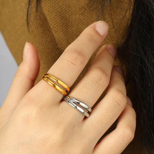 Geometric <b>Titanium</b> Steel <b>Ring</b> 18K Gold Plated Adjustable Unisex Fashion Jewelry Gift Double Layer Hollow Open Design - Product Image 4