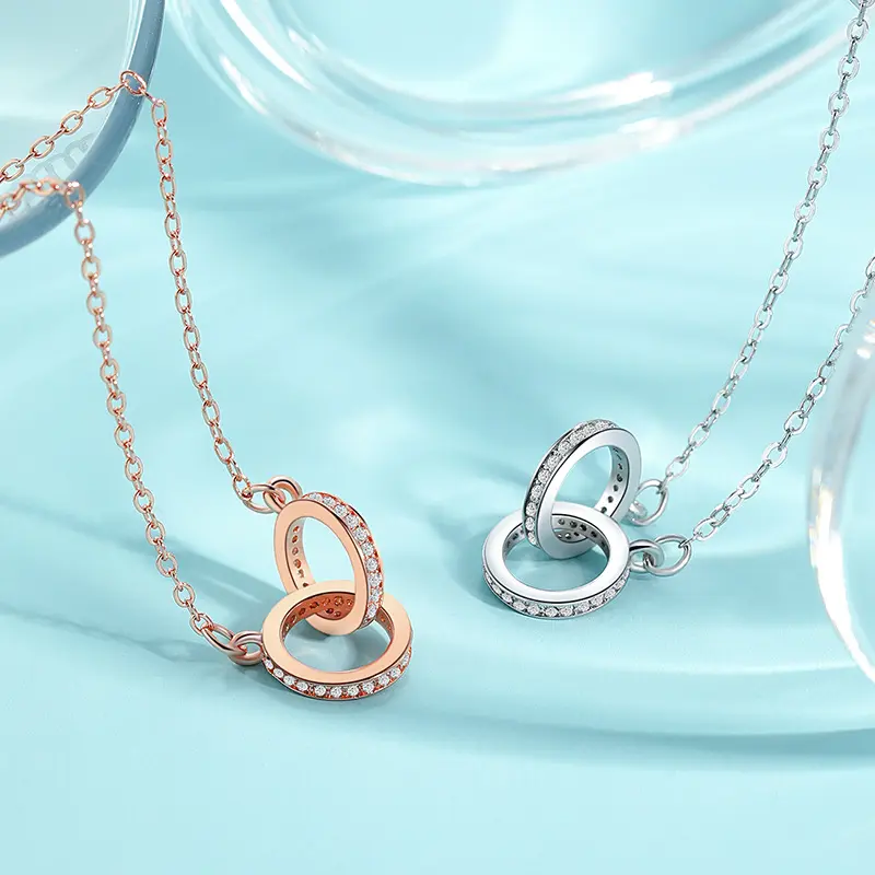 Hot-Sale Double Interlock Circle Pendant Necklace INS Rose Gold Double Ring Zircon Clavicle Pendant Necklace For Women
