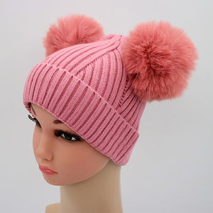 Double Pompom Knit Ribbed Kids Beanie Baby Hat <strong>Hand</strong> <strong>Gloves</strong> Set - Product Image 5