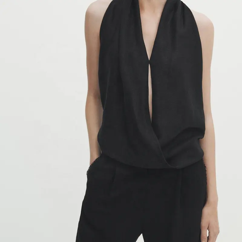 Mode nouvelle femme hauts nouveau col bas noir gilet 2023 été minimalisme sans manches femmes lin tissu gilet