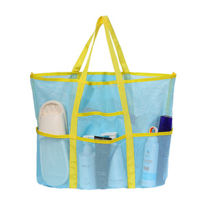 Grand sac fourre-tout de plage en maille brodée de couleur unie, sac à bandoulière portable en polyester avec poche zippée pour le shopping et les voyages - Product Image 2