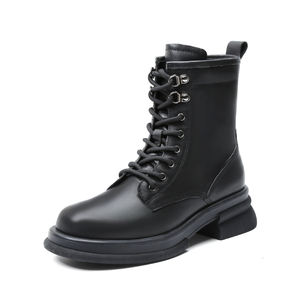 Bottes personnalisées en cuir à lacets pour l'hiver et le printemps, motif uni, fermeture éclair, confortables, respirantes, talon épais - Product Image 1