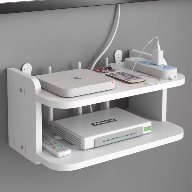 Wooden Wall-mounted Stand for Projector TV Set-Top Box Router Living Room Bedroom Bathroom-Cable Management Storage Rack Shelves