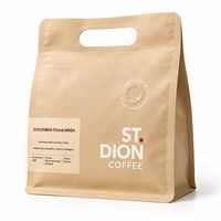 Sac à café en papier kraft imprimé sur mesure avec poignée et valve de dégazage unidirectionnelle, pochette d'emballage à fond plat