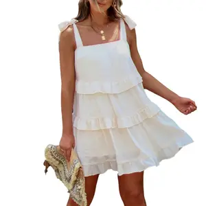 Alta calidad elegante verano sin mangas alta cintura volantes dobladillo Casual suelto blanco vestidos de mujer hasta la rodilla