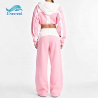 Ensemble de survêtement deux pièces color block personnalisé pour femme : sweat à capuche court zippé et pantalon de survêtement large – Tenue décontractée streetwear