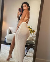 RDeep col en V sans manches plage robe transparente femmes dos nu côté fendu plage couvrir Maxi robes voir à travers