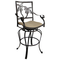 Tabouret de bar 30 pouces avec dossier en feuille de palmier, accoudoirs, coussin beige, structure en métal noir, éponge haute densité écologique, pour salle à manger et restaurant