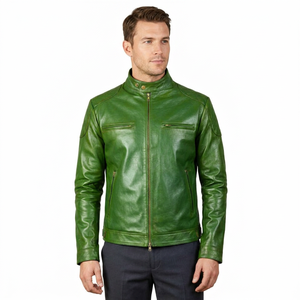 Green Genuine <b>Sheepskin</b> Leather Breathable Classic Slim Fit Casual Fashion Premium Motorcycle <b>Jacket</b> - Product Image 1
