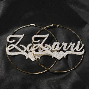 Блестящие серьги-кольца на заказ с именем, персонализированные, из нержавеющей стали, круглой формы, украшенные стразами, в стиле хип-хоп. - Product Image 6