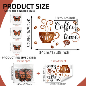 Adesivo da parete con tazza di caffè inglese più 12 farfalle 3D cucina ristorante sfondo decorativo adesivo da parete - Product Image 2