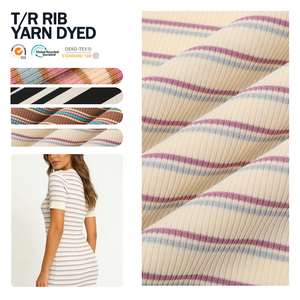 Tela de punto acanalado teñida con hilo TR, tejido de punto acanalado entrelazado con rayas, viscosa de color neón, textil de punto para ropa de moda. - Product Image 1