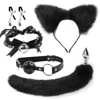 Ensemble érotique pour femmes - Plug anal queue de chat, bâillon buccal, pinces à tétons, collier, accessoires d'entraînement postérieur, jouet SM en cuir