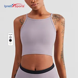 Cute Ribbed Ladies Yoga Tank Tops With Padded Women Sports Bra Workout Crop Tops Bra Weightless Running Tops