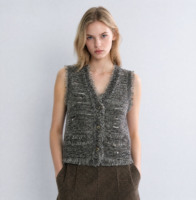 Gilet en tricot pour femme à col en V, style vintage parisien, inspiré du tweed, avec fils mélangés effilochés et poches plaquées, haut et gilet en tricot pour femme