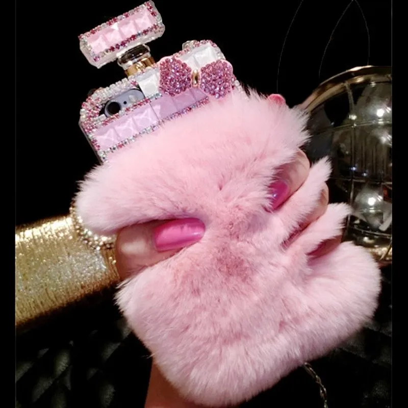 Luxury Imbedding Diamond Rhinestone Perfume Bottle Cell Phone Case With warm soft beaver rabbit fur hair phone cases For iphone