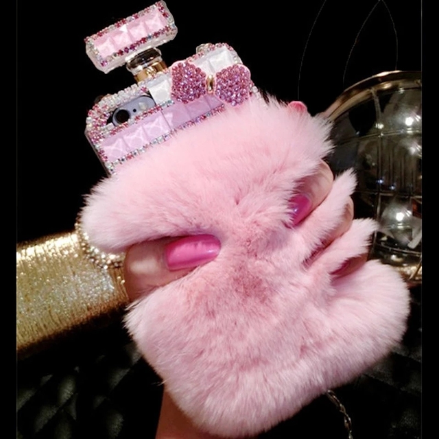 Luxury Imbedding Diamond Rhinestone Perfume Bottle Cell Phone Case With Warm Soft Beaver Rabbit Fur Hair Phone Cases for iphone