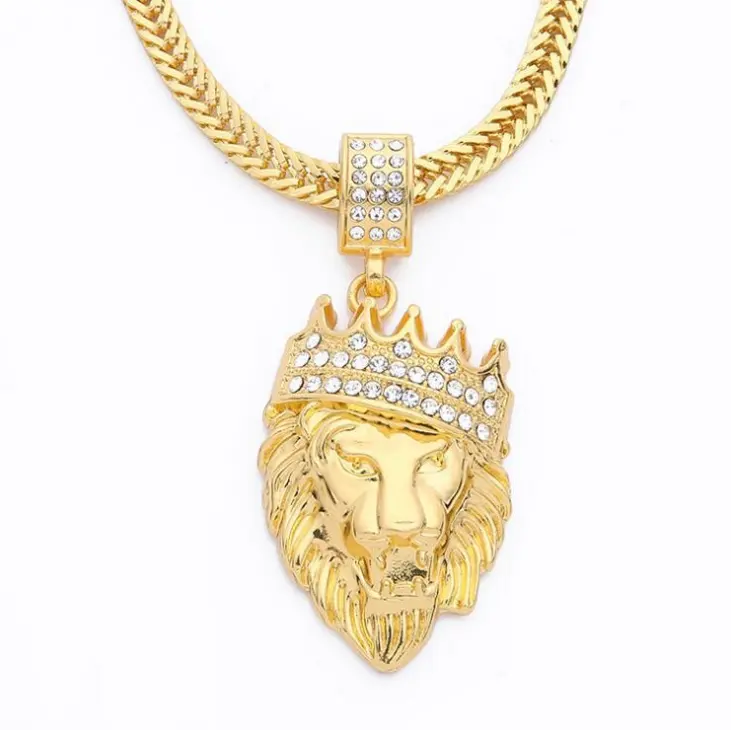 Hip Hop Jewelry Iced Out Clear Rhinestones Curb Cuban Chain Gold Crown Lion Head Pendant Necklace For Men Women