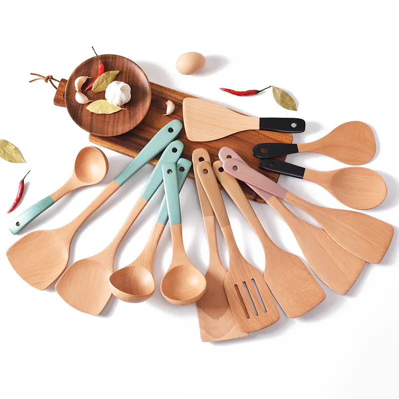 Juego de utensilios de cocina de 12 piezas, cocina y mesa de madera blanca con mango de madera, utensilios de cocina