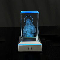 Bloc de cristal vierge gravé au laser 3D, artisanat en verre, statue personnalisée de la croix de Marie, cube de cristal avec base lumineuse LED MH-TF0313