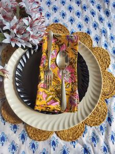 Indian Handmade Beautiful Floral Printed Lightweight Durable Elegant Machine Washable Cotton Cloth Napkins Mustard Yellow Mix - Product Image 2