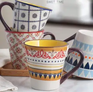 欧美亚马逊热销创意手绘复古陶瓷杯马克杯办公室几何打印办公桌咖啡杯马克杯