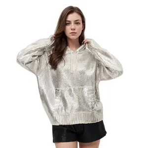 TWOTWINSTYLE Fashion Hoodies Round Neck Long Sleeve Patchwork Folds Knit Sweater For Women