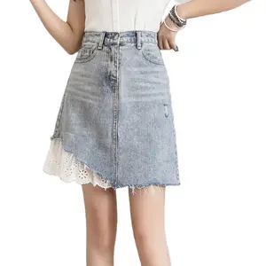 Женская джинсовая юбка с высокой талией, Модная стильная трапециевидная мини-юбка большого размера с кружевом и пэчворком, 2021