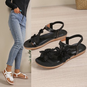 Women Floral Lace Clip Toe Flat <b>Sandals</b> <b>Elastic</b> Ankle Strap Soft Insole Non Slip Sole Summer Beach Daily Walking Casual Shoes - Product Image 4