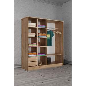 Armoire coulissante moderne autoportante à 11 étagères et 2 tiroirs en pin gris anthracite, gain de place, pour chambre à coucher, pliable - Product Image 2