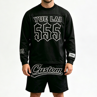 Ensemble 2 pièces pour homme, t-shirt noir à manches longues et col rond avec logo personnalisé et short en mesh, tenue décontractée légère et ample pour l'été