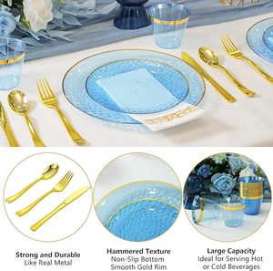 Assiettes en plastique jetables transparentes bleues martelées avec bord doré pour fête et Noël - Product Image 5