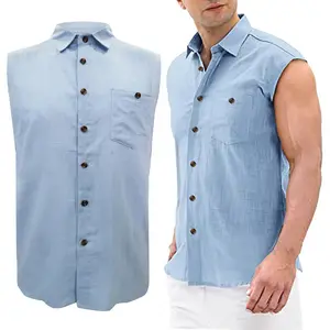 Fashion Men Shirt Solid Color Casual Sleeveless Male Shirts Spring Summer Turn-down Collar Top for Daily Wear