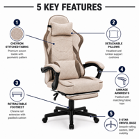Chaise de jeu ergonomique avec repose-pieds pivotante inclinable en tissu, chaise de bureau ergonomique réglable en hauteur lombaire personnalisable