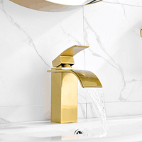 Robinet de lavabo de salle de bain à bec cascade en laiton doré, robinet de lavabo à poignée unique, robinet de lavabo à mélangeur