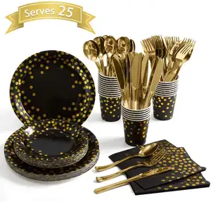 Black and Gold Party Supplies 25Serves Golden Dot Disposable Party Dinnerware Black Paper Plates Napkins Cups, Gold Plastic