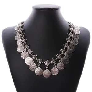 European and American famous exaggerated retro carved alloy coin tassel necklace clavicle chain