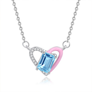 Collier en argent sterling 925 avec pendentif cœur ajouré bicolore, pierre naturelle carrée 5*7mm, idéal pour un cadeau de fête - Product Image 1