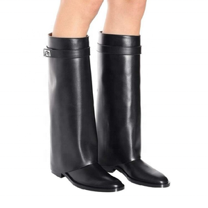 Bottes en cuir véritable tendance, à enfiler, à talon compensé, avec empiècements souples, pour femme, hauteur genou, décoration métallique, taille 43 - Product Image 4
