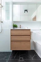 Meuble de salle de bain modulaire personnalisable, durable, en panneau de mélamine bois, finition laquée, design moderne mural, résistant à l'eau