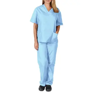 女性と男性のための高品質ブルーヨーロピアンサイズプラスサイズ医療用スクラブセット看護スクラブストレッチナースユニフォームVネック