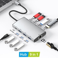 Base de Conexión USB-C de 9 Puertos de Aleación de Aluminio OEM para Ethernet 2.0, USB 3.1 de 100W PD, HDTV 4K60Hz para Computadoras Mac/Windows/Linux