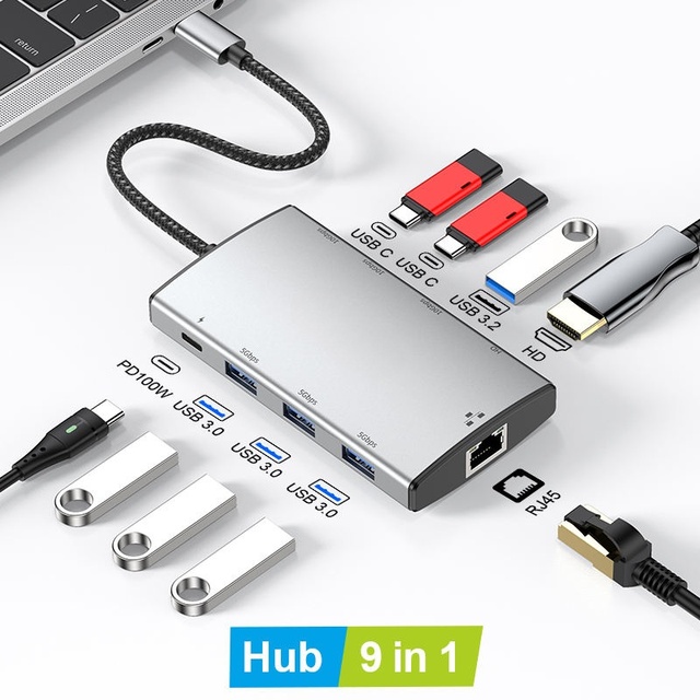 OEM 9-Port Aluminum Alloy USB-C Docking Station for 2.0 Ethernet 100W PD USB 3.1 4K60Hz HDTV for Mac/Windows/Linux Computers