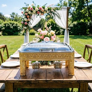 Scaldavivande Rettangolare Dorato da 9L con Coperchio Idraulico e Decorazioni Floreali per Matrimoni, Buffet di Hotel e Catering Aziendale, Ideale per Riscaldare Pizza e Curry - Product Image 2